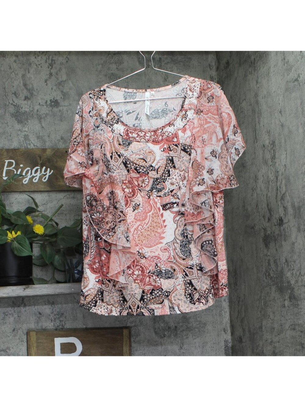 Ny Collection Studded Neckline Chiffon Sleeve Poncho Top Coral Paisley Pink XL
